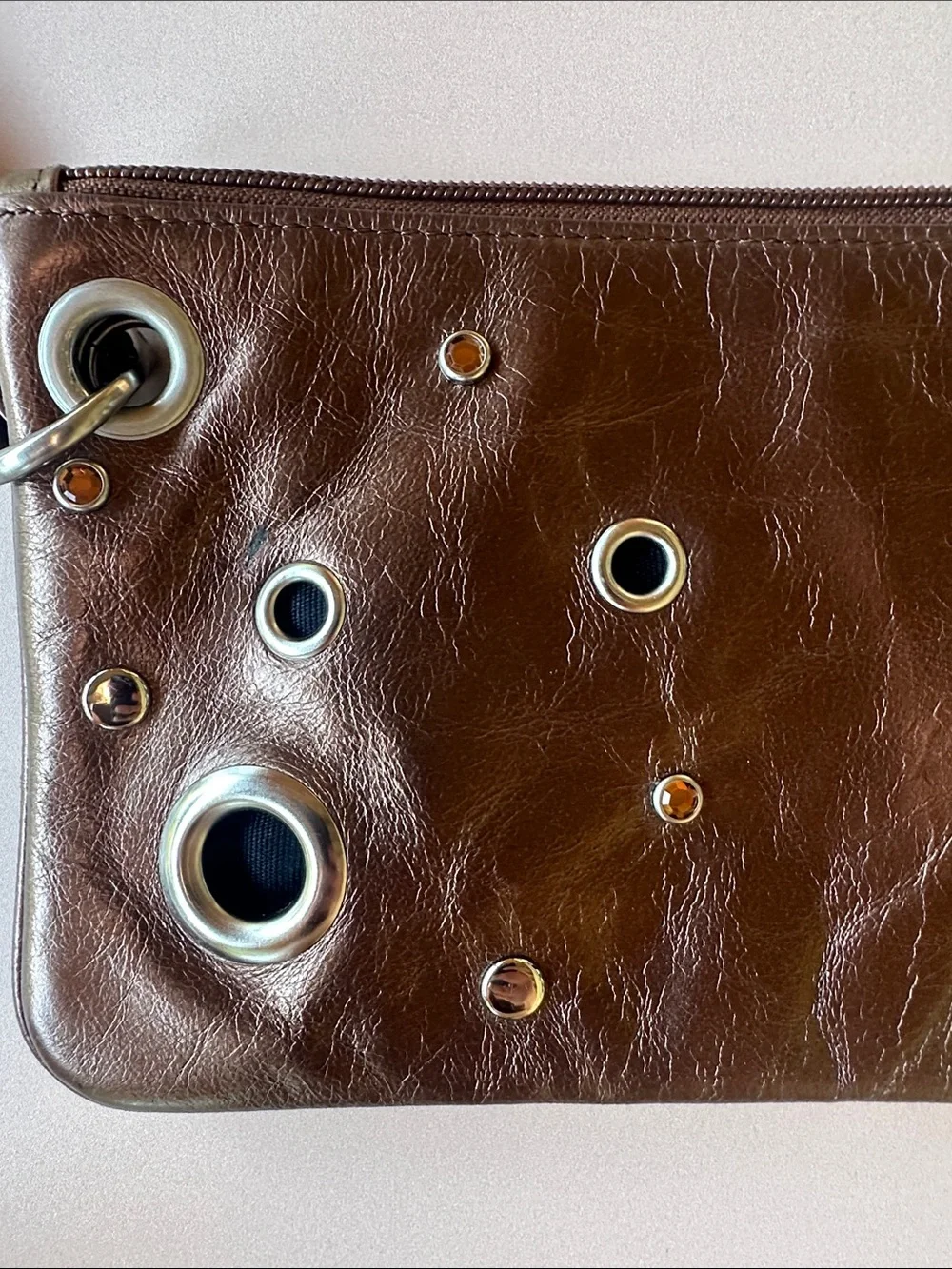 HOBO Brown bronze Leather Wristlet Clutch with Grommet Accents